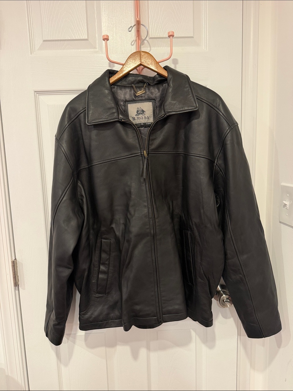 Burks Bay Men's Black Genuine Leather Driving Jacket Bomber Coat - Size XL